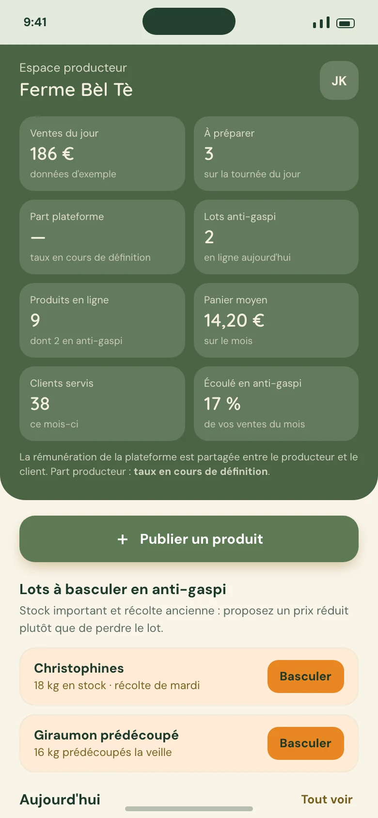Le tableau de bord du producteur : ventes du jour, commandes à préparer, lots à basculer.